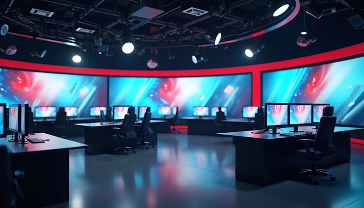 Eye-level view of a television newsroom with empty desks and monitors