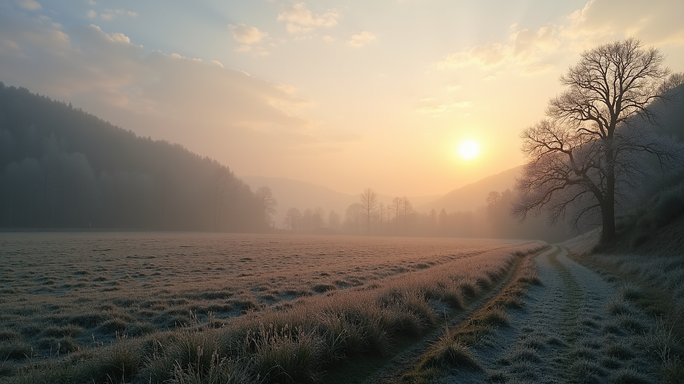Eye-level view of a rural valley landscape at dawn
