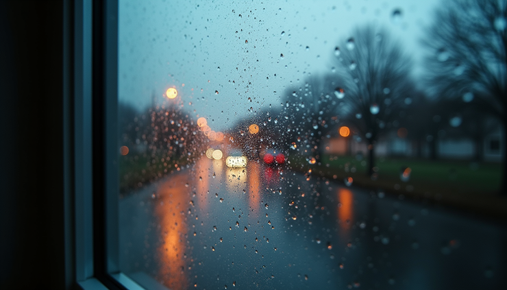 High angle view of rain droplets on a window with blurred trees outside