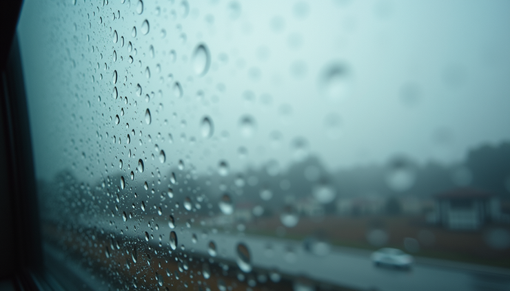 Eye-level view of cloudy sky with light rain drops on window