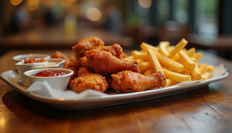 Eye-level view of a Wingstop dining table with wings and sides
