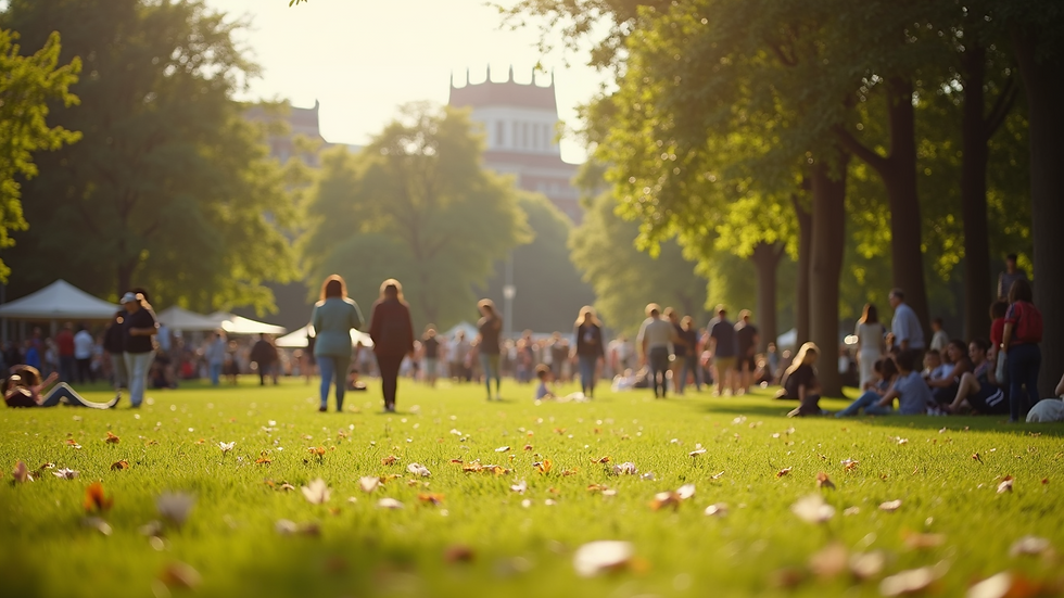 High angle view of a sunny park filled with people enjoying the day