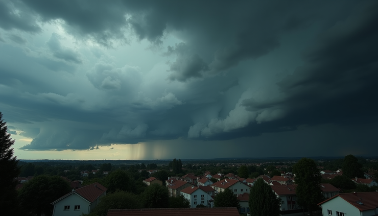 High angle view of dark storm clouds gathering over a residential neighborhood
