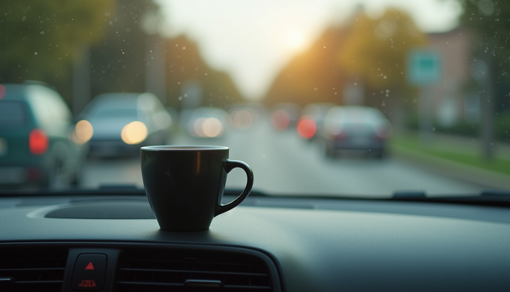Close-up view of 7 Brew Coffee cup on a car dashboard at drive-thru window