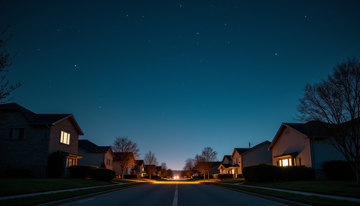 Wide angle view of clear night sky with stars over a quiet neighborhood