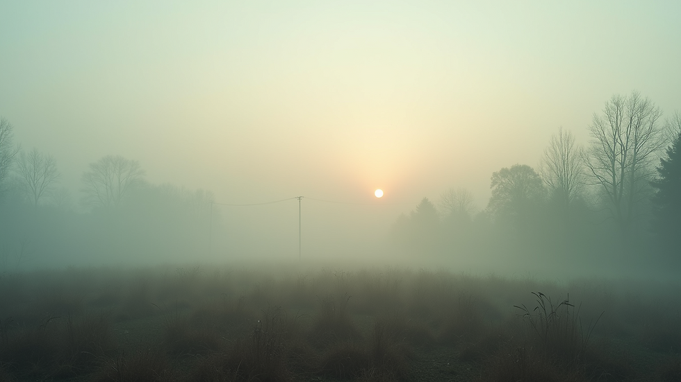 Wide angle view of a calm morning landscape overshadowed by smoke