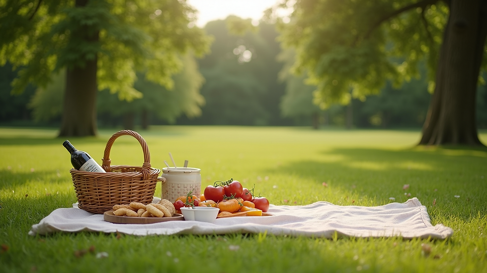Wide angle view of a summer picnic setup in a green park