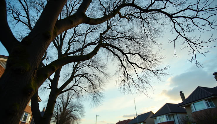 Eye-level view of tree branches bending under strong wind in a residential area