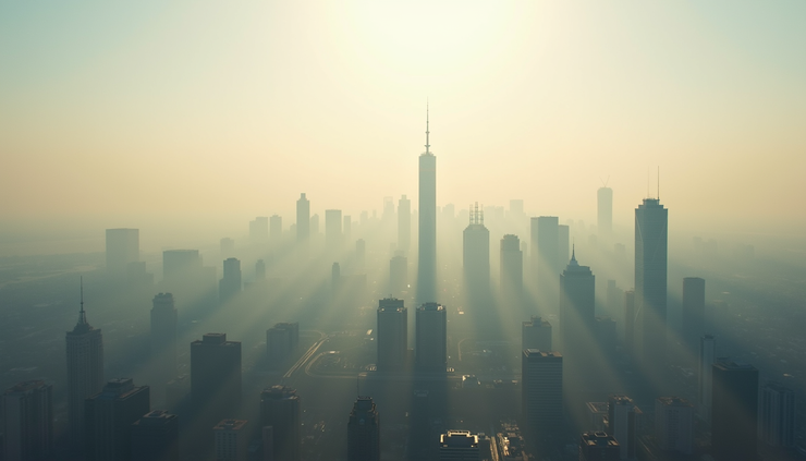 Eye-level view of a hazy city skyline with sunlight filtering through