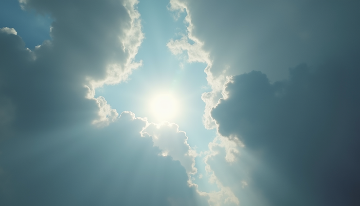 Eye-level view of a partly cloudy sky with sun breaking through after rain