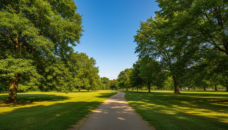 Wide-angle view of a sunny park path with green trees and clear sky