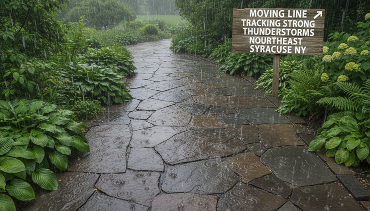 High-angle view of raindrops splashing on a garden path during a downpour.