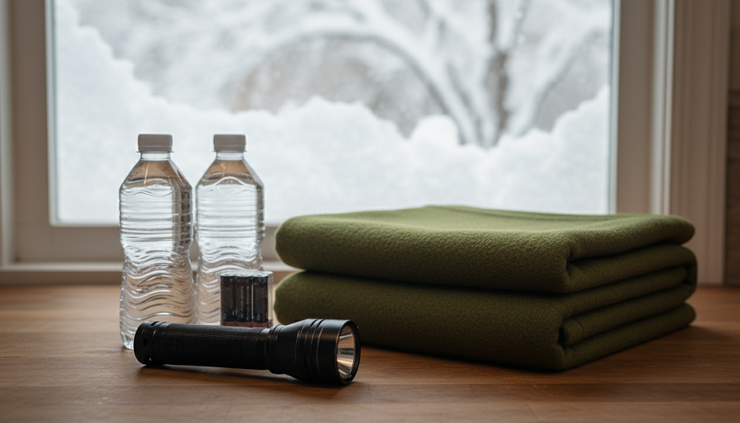 Close-up view of a flashlight and extra batteries on a kitchen counter during winter storm preparation.
