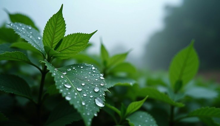 High angle view of rain droplets on green leaves with cloudy sky in background