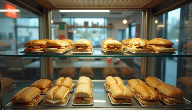 Close-up view of a SUBWAY sandwich display case, now empty after closure