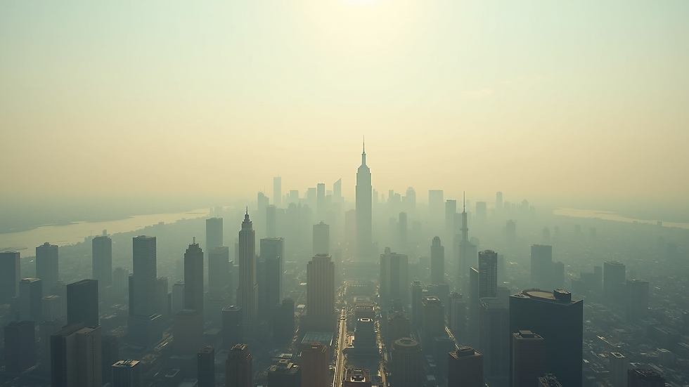 Eye-level view of a city skyline during a hazy day