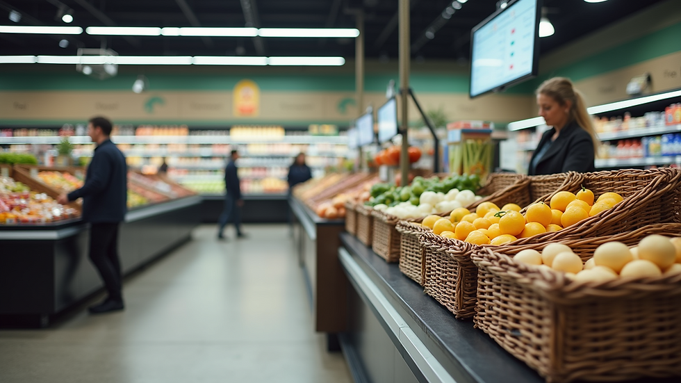 High angle view of a grocery store checkout area with various products