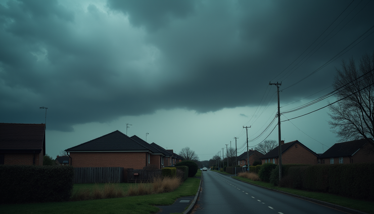 Eye-level view of dark clouds gathering over a suburban neighborhood before a thunderstorm