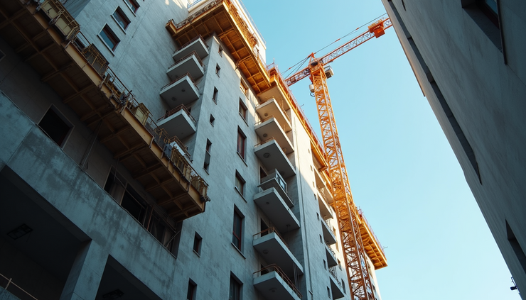 Eye-level view of construction elevator attached to a hotel structure at Turning Stone Resort