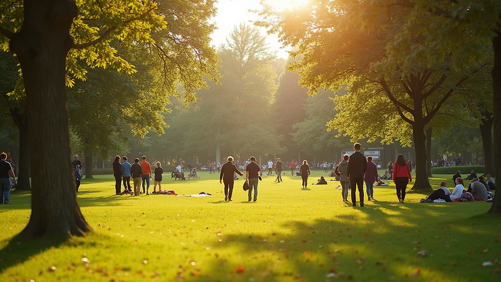 Eye-level view of a vibrant green park with people enjoying the sun