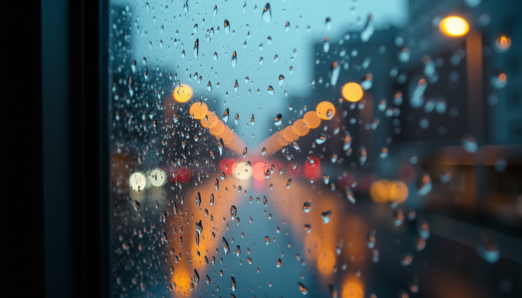 High angle view of rain droplets on a window with blurred city lights
