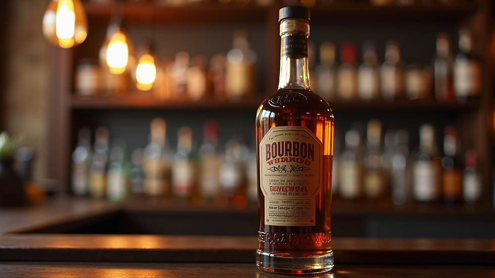 Close-up of a bourbon whiskey bottle on a bar shelf
