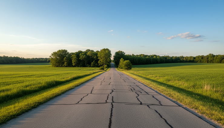 Wide-angle view of a sunny rural road in Central New York.