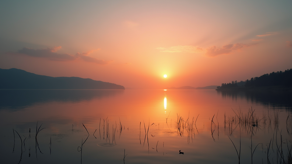 High angle view of a tranquil sunset over a calm lake