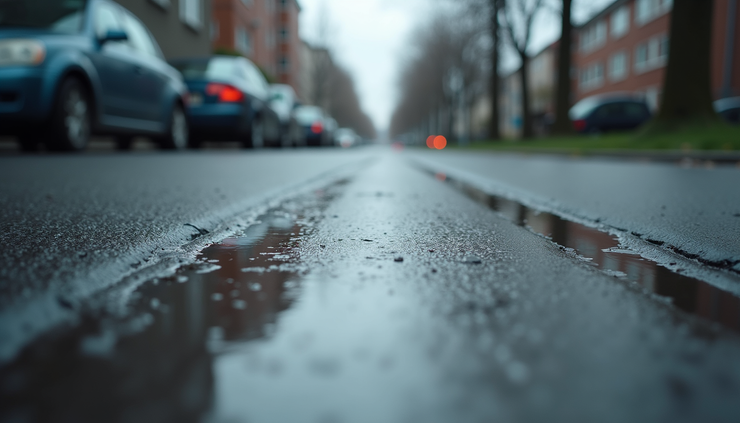 Close-up view of wet pavement and puddles on a cloudy day