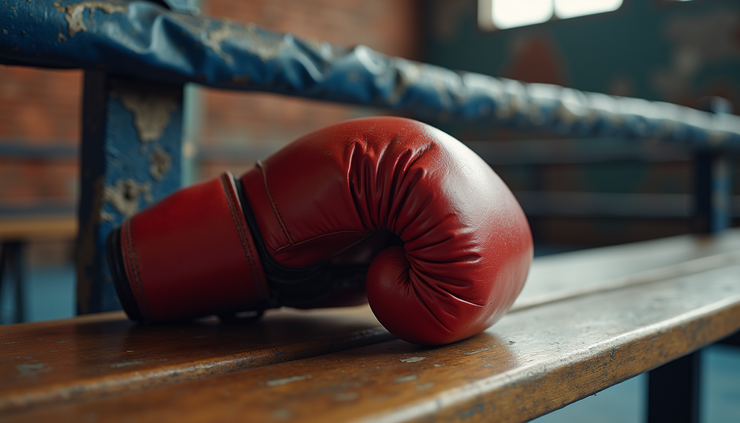 Close-up view of a worn boxing glove resting on a wooden bench in a gym