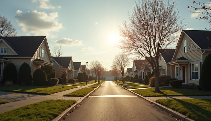 Wide angle view of a clearing sky over a quiet suburban neighborhood in the afternoon