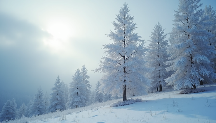High angle view of snow-covered trees and cloudy sky in the morning