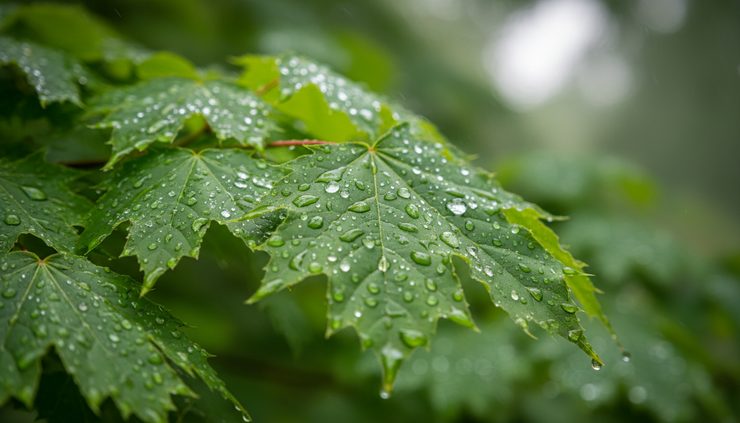 Close-up view of raindrops clinging to maple leaves after a passing shower