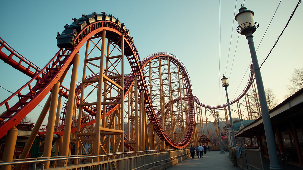 Eye-level view of a classic wooden roller coaster
