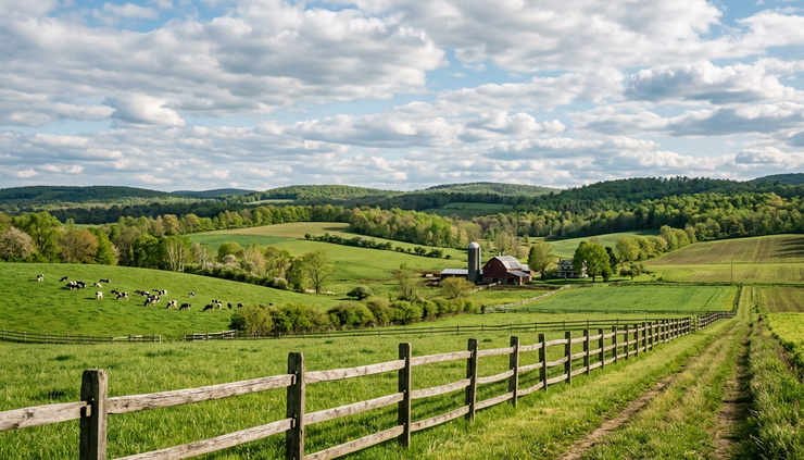 Eye-level view of a sunny farm field with rolling hills under blue sky.