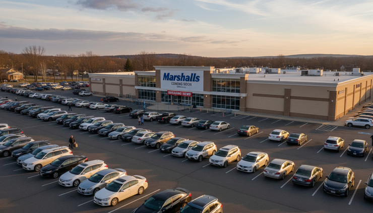 Wide-angle view of cars parked outside a Central New York retail plaza.