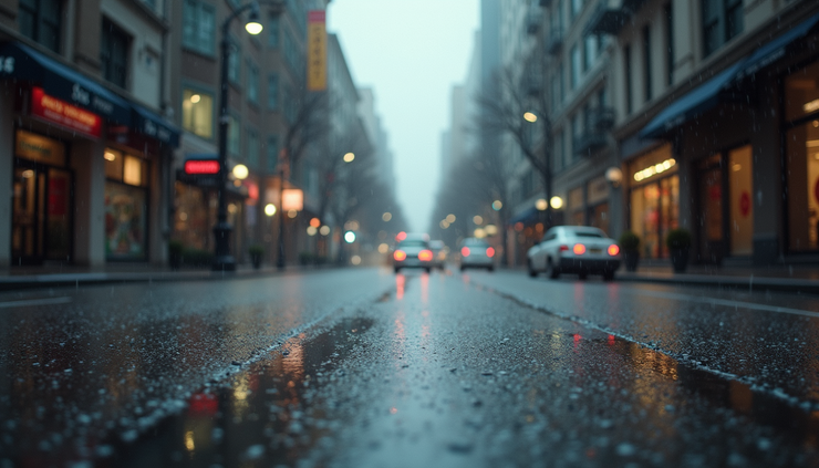 High angle view of raindrops falling on a wet street during a daytime shower