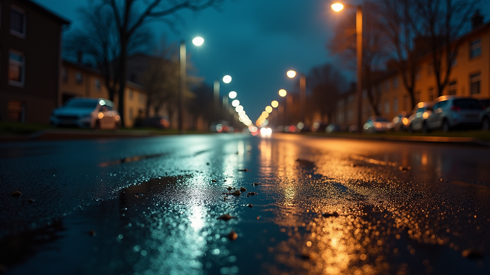 Wide angle view of a wet, reflective pavement at night