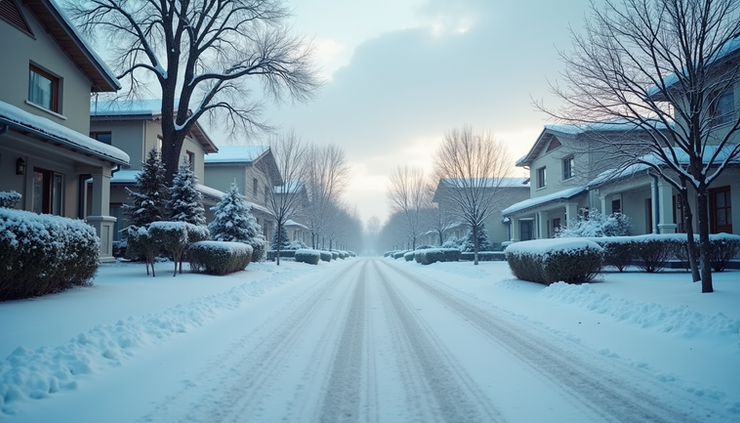 Eye-level view of snow-covered street with cloudy sky