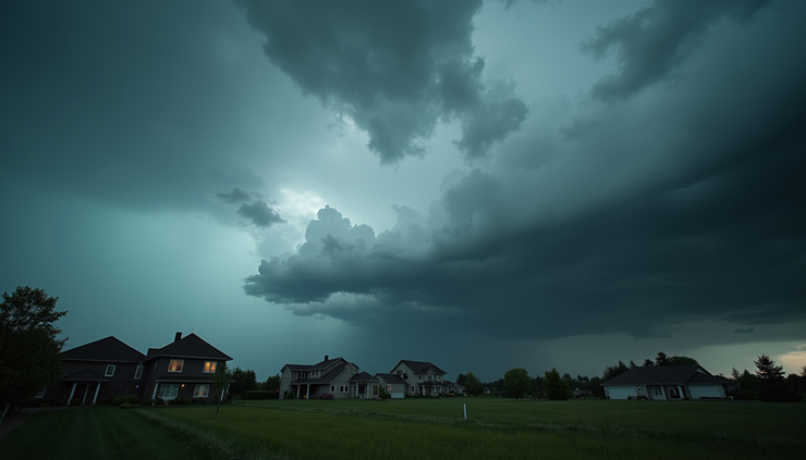 Eye-level view of dark thunderclouds gathering over a suburban neighborhood