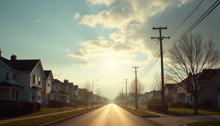 Eye-level view of a partly sunny sky over a quiet suburban neighborhood