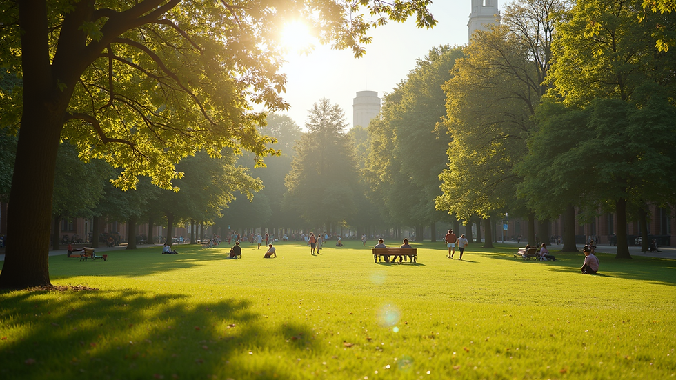 Wide angle view of a sunny park with people enjoying the day