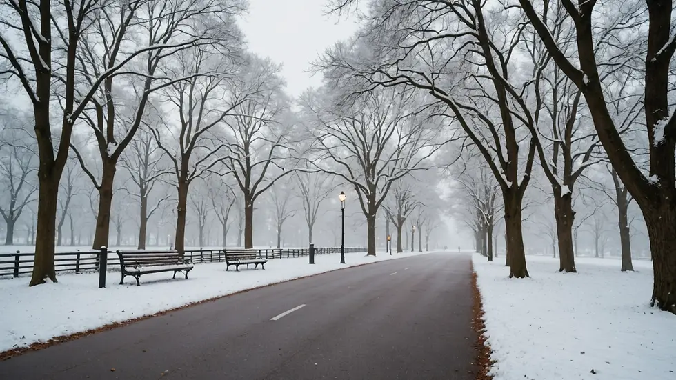 Eye-level view of a quiet park covered in a light dusting of snow