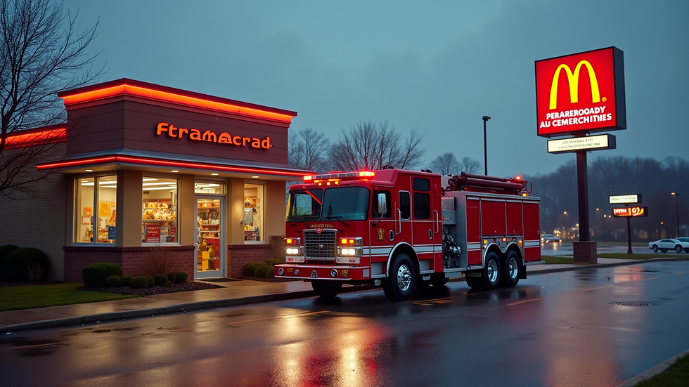 Close-up view of a fire truck parked outside a closed restaurant