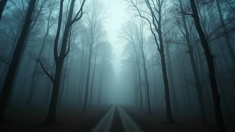 Eye-level view of a thick forest shrouded in smoke