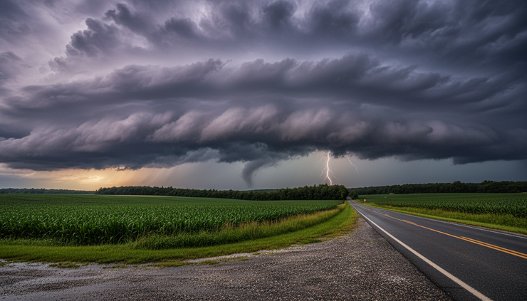 Wide-angle view of dark storm clouds building over a rural Central New York field.