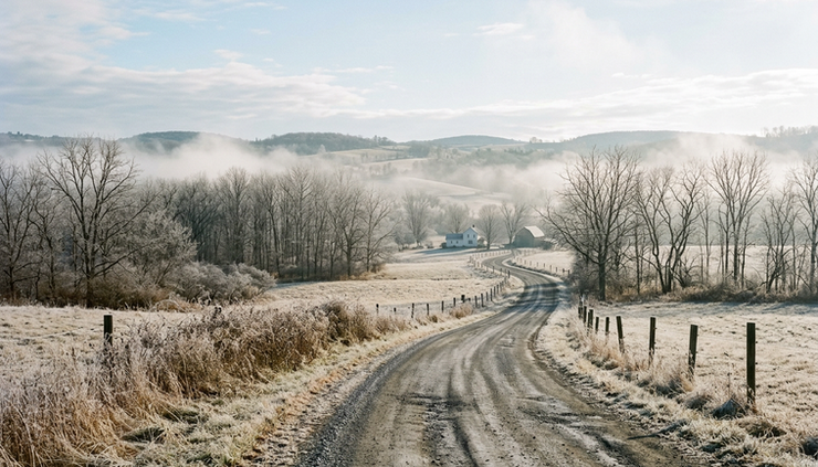Wide-angle view of a sunny rural road in Central New York with low fog lifting from nearby fields.
