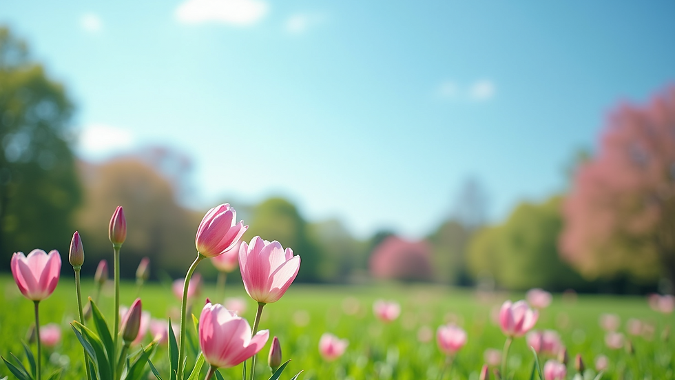 Wide angle view of a serene park with blooming flowers