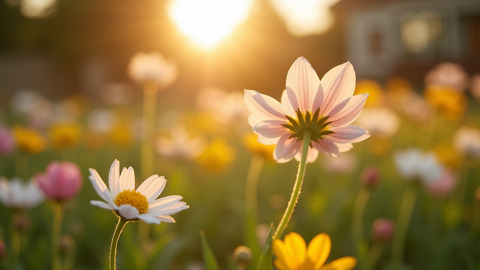 Eye-level view of a sunlit garden with blooming flowers