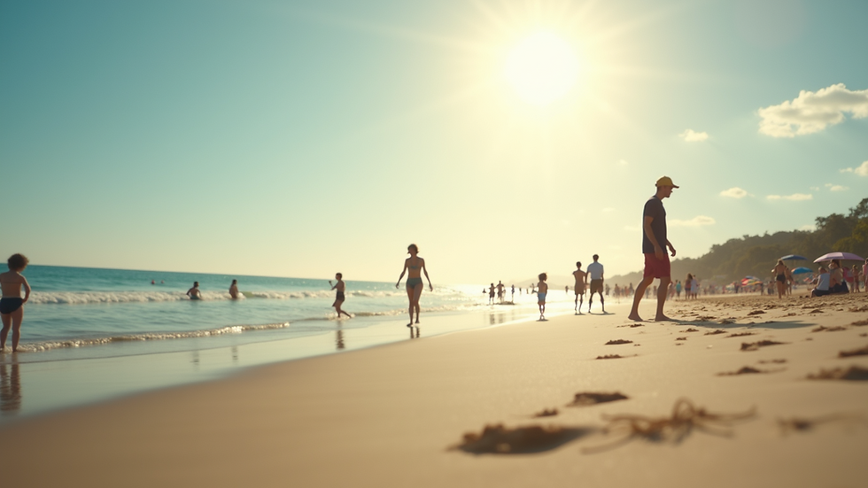 Eye-level view of a sunlit beach with people enjoying the weather